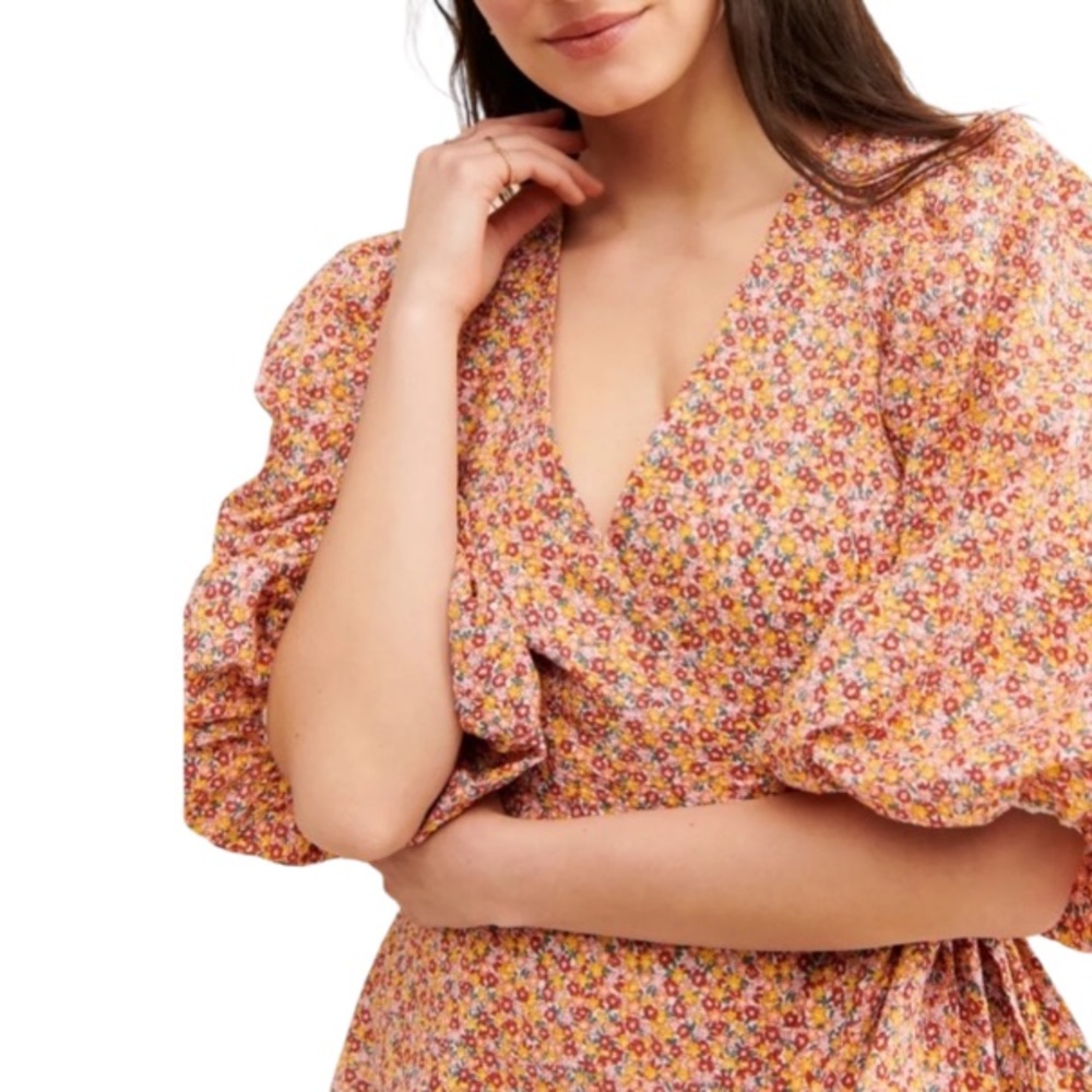 MINKPINK Morwell Cotton Mini Wrap Crepe Dress Puff Sleeves Tag XL Fits Sz Med - Picture 3 of 10